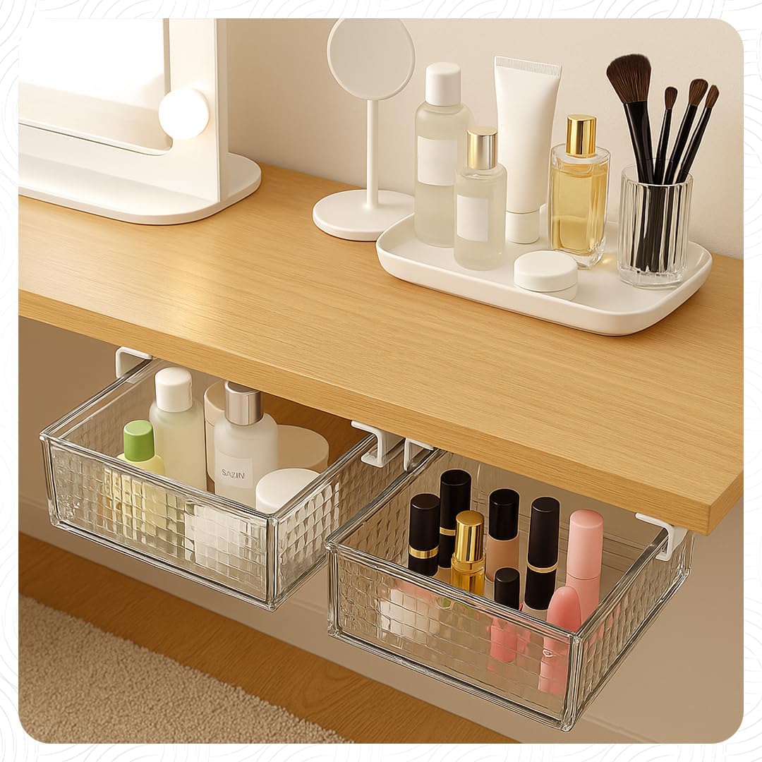 Slide and Stash Under Desk Drawers Office Organizer 2-Pack Small and Medium – Office Organization Drawer Slides Include Adhesive Tape – Easy DIY Installation for Desk Organization, Cupboard, Wardrobe