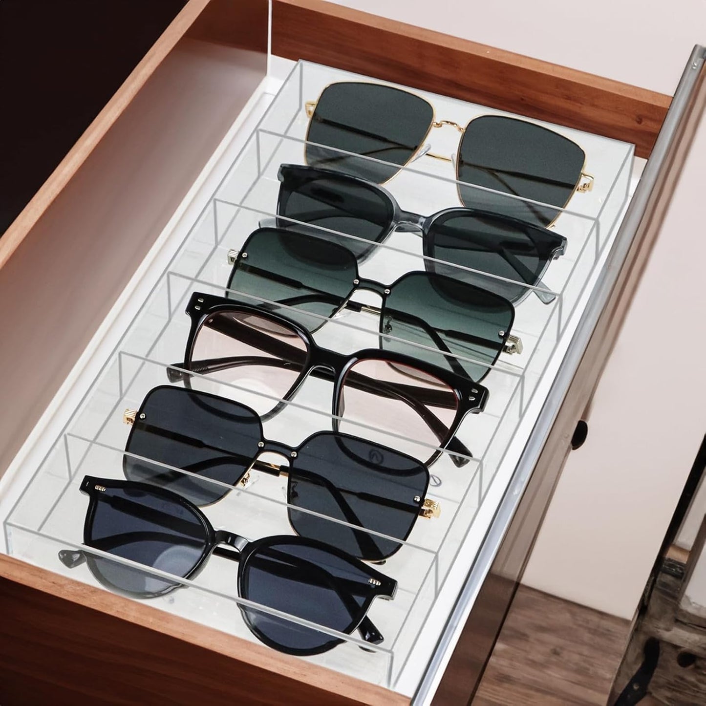 ZEXALOR Clear Drawer Organizer, 6 Sections Eyeglass Sunglasses Organizer Holder, Drawer Dividers Office Desk Tray Bathroom Makeup Jewelry Trays (14×7×1.2")