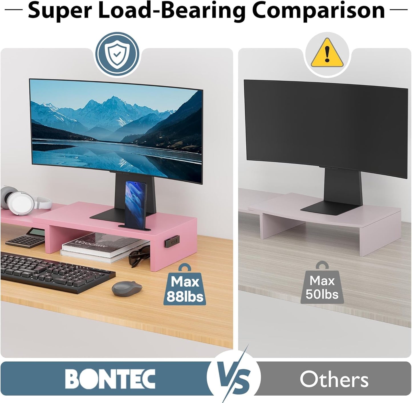 BONTEC Dual Monitor Stand Riser with Smartphone Holder, Adjustable Length & Swivel Angle, Ergonomic Wooden Desktop Organizer for PC Monitor, Laptop, Printer, Large Storage, White