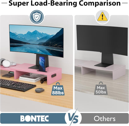 BONTEC Dual Monitor Stand Riser with Smartphone Holder, Adjustable Length & Swivel Angle, Ergonomic Wooden Desktop Organizer for PC Monitor, Laptop, Printer, Large Storage, White