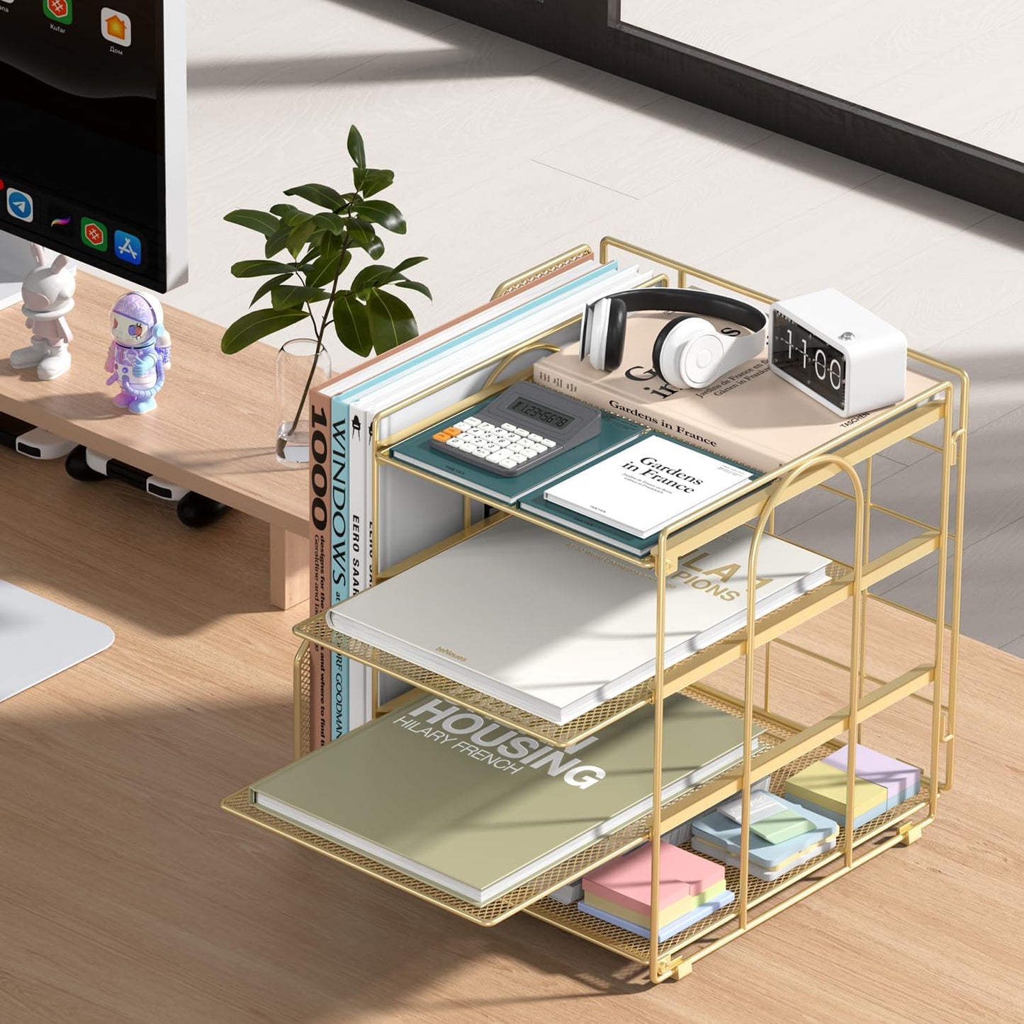 Desk Organizer, 4-Tier Metal File Organizer for Desk with Vertical File Holder, Office Accessories and Desktop Storage for Office Supplies (Black)