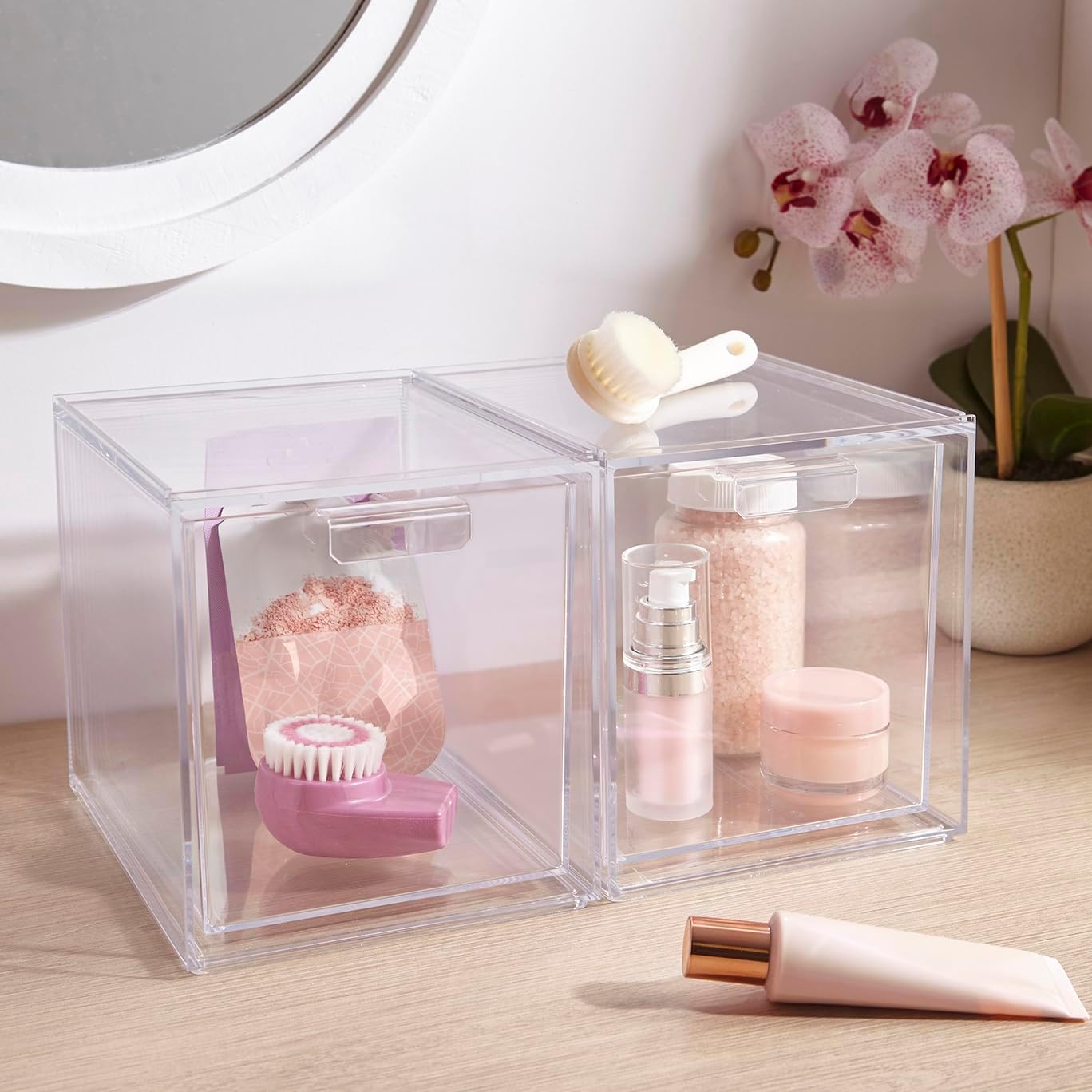STORi Audrey Stackable Clear Bin Plastic Organizer Drawers | 2 Piece Set | Organize Cosmetics and Beauty Supplies on a Vanity | Made in USA