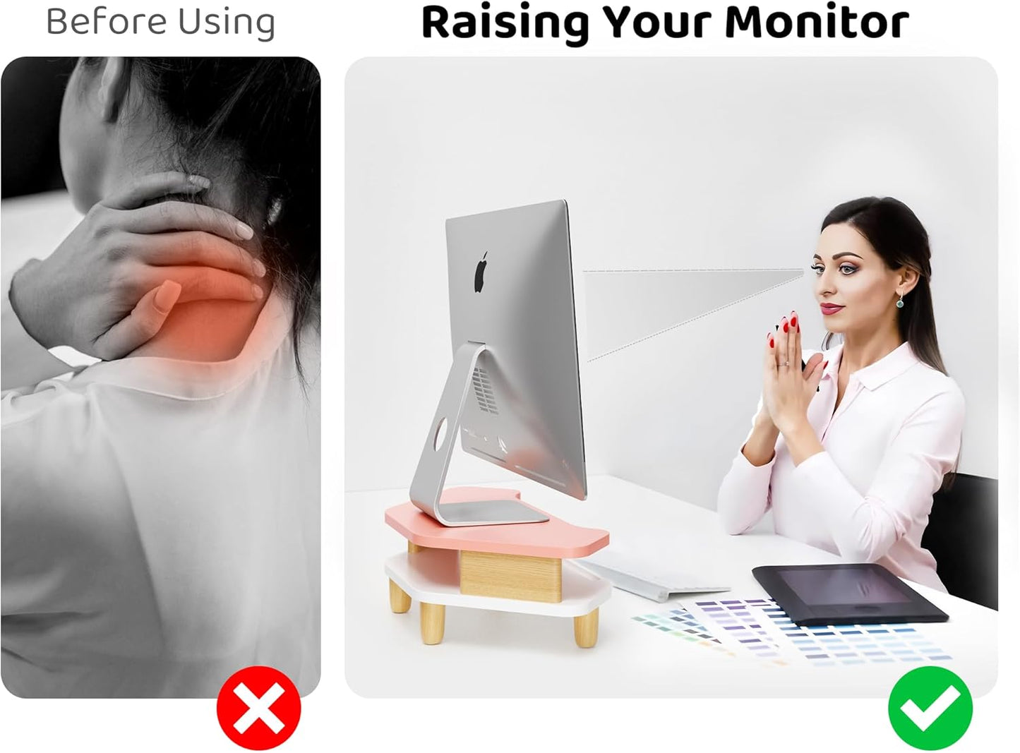 AFOOYO Monitor Stand Riser,2 Tier Corner Wood Sturdy 16.5In Computer Stand, Multi-Purpose Desktop Storage Stand for Laptop,PC,iMac,Printer,Computer,White