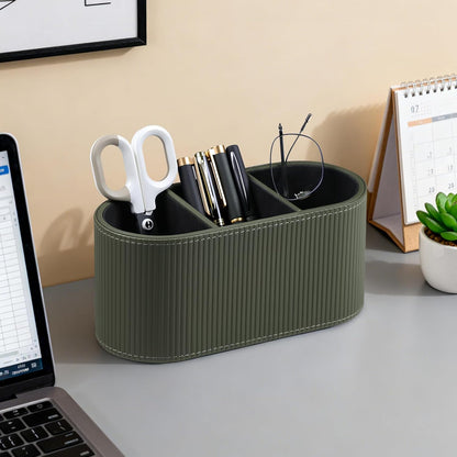 Aesthetic Remote Control Holder, PU Leather Pen Holder for Desk with 3 Compartments for Home Office Supplies and Accessories, Stylish Bedside Remote Holder Nightstand Desktop Organizer (Beige)
