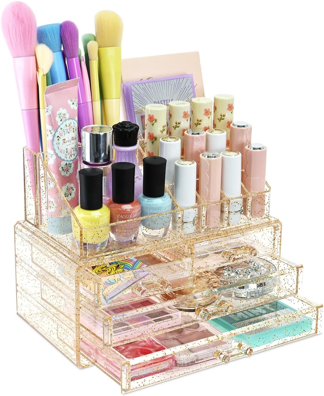 Ikee Design Acrylic Makeup Organizer with 4 Drawers and Removable Top Lipstick Holders, Ideal for Make-up or Accessories,Enhance Your Vanity or Bathroom with Clear Design for Quick Visibility