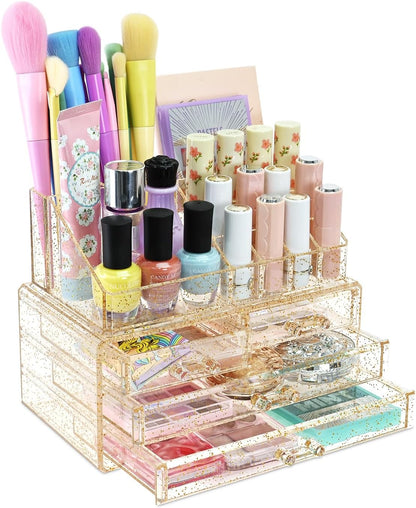 Ikee Design Acrylic Makeup Organizer with 4 Drawers and Removable Top Lipstick Holders, Ideal for Make-up or Accessories,Enhance Your Vanity or Bathroom with Clear Design for Quick Visibility