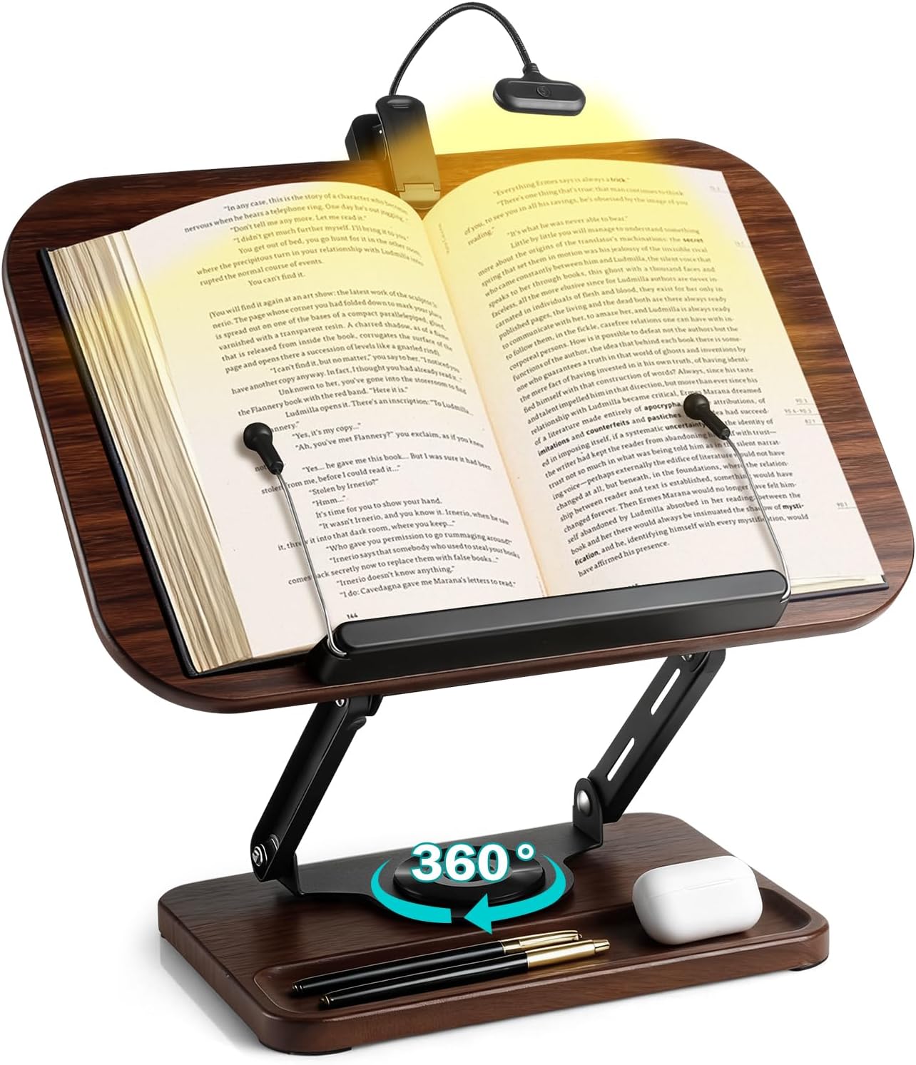 Book Stand with Light & Storage, Book Holders for Reading Hands Free, Wooden Cookbook Stand with Adjustable Height & 360 °Angle for Recipe,Magazine,Laptop,Tablet, Bible
