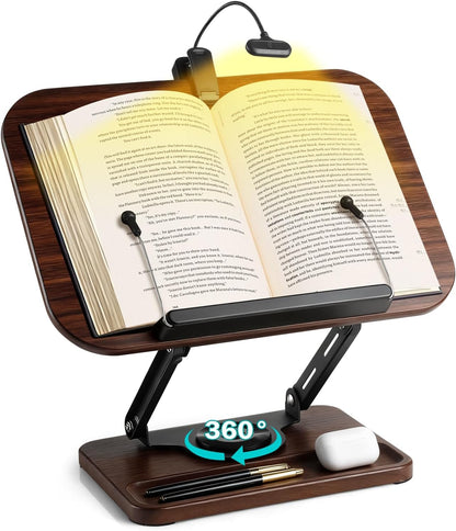 Book Stand with Light & Storage, Book Holders for Reading Hands Free, Wooden Cookbook Stand with Adjustable Height & 360 °Angle for Recipe,Magazine,Laptop,Tablet, Bible