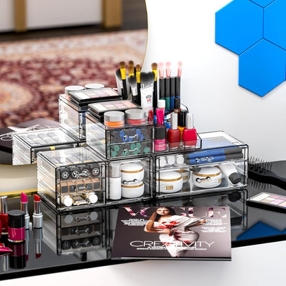 Acrylic Clear Makeup Organizer Countertop,Stackable Skincare Organizer for Vanity With 8 Drawers,Large Plastic Desk Accessories Organization,Bathroom Cosmetic Organizer Countertop for Beauty,Skin Care