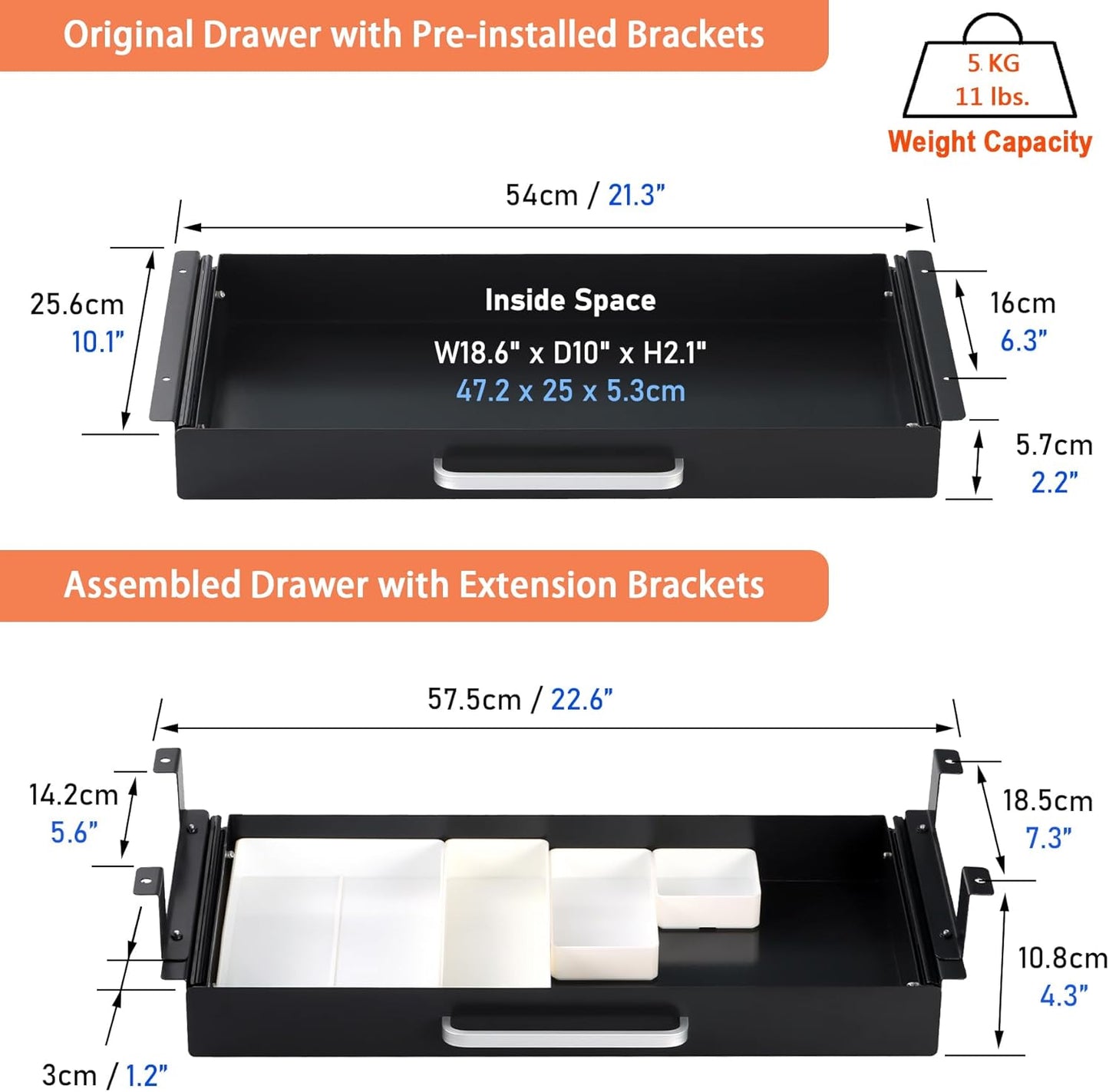 Under Desk Drawer Organizer 21" White Upgrade with Adjustable Brackets, Sliding Pull-Out Under Table Pencil Drawer, Office Standing Desk Attachment for Workbench
