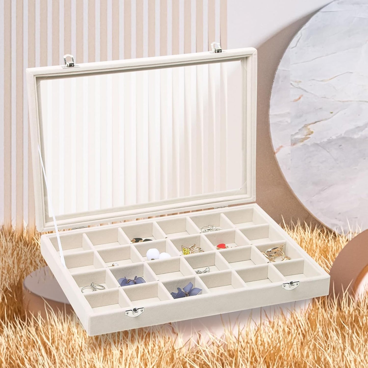 Stratalife Jewelry Organizer Bracelet Organizer Storage Box 12 Grid Stackable Jewelry Tray with Lid Velvet Jewelry Box for Drawer Necklace Bracelet Display Storage Organizer Box (Beige)
