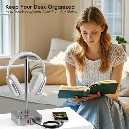 COZOO Headphone Stand with USB Charger Desktop Gaming Headset Holder Hanger with 3 USB Charging Station and 2 Outlets Power Strip,Suitable for Gaming, DJ,Wireless Earphone Display, Gamer Gifts for Men