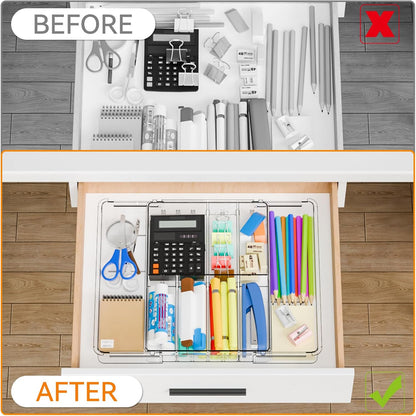 Yieach Large Expandable Desk Drawer Organizer Tray for Office Supplies and Accessories With 12 Adjustable Compartments,Office Drawer Organizers for Pencil,Pen and Kitchen Junk Drawer Organizer,Clear