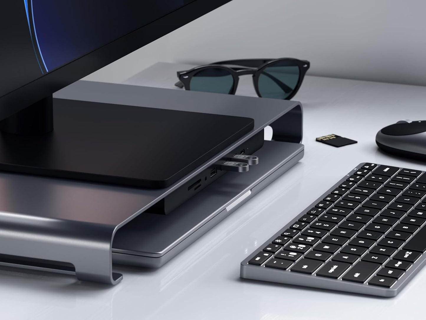Satechi USB C Hub Monitor Stand for Desk with USB-C Data Port, 3 USB 3.0 Ports, Micro/SD Card Readers, Audio Jack, Computer Monitor Stand for Desktop Computers, Monitors, and Laptops