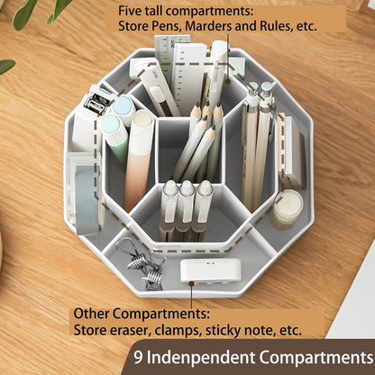Pencil Pen Holder for Desk, 9 Slots 360 Degree Rotating Desk Organizer, Cute Pen Organizers Stationery Supplies for Office Home & Art Supply (Beige)