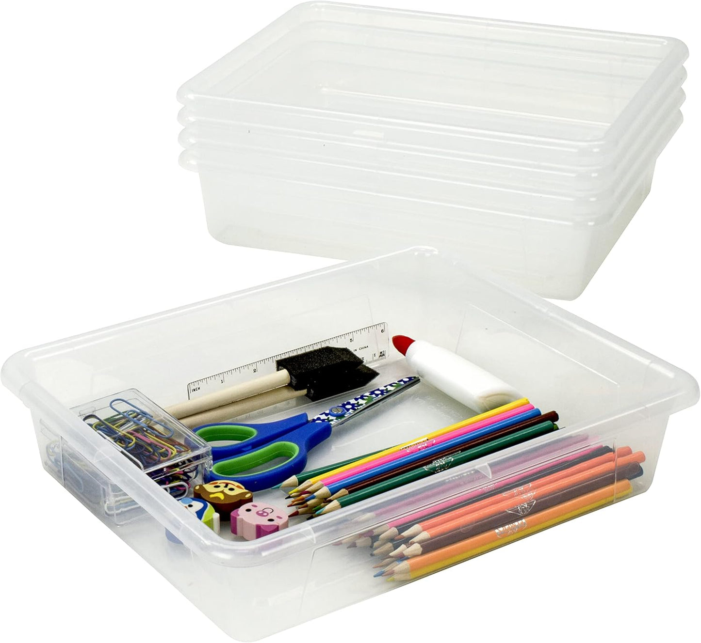 Storex Letter Size Flat Storage Tray – Organizer Bin for Classroom, Office and Home, Clear, 5-Pack (62531A05C), 10 x 13 x 3 Inches