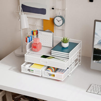 Marbrasse 3 Tier Mesh Desk Organizer with Drawer, Multi-Functional Desk Organizers and Accessories, Paper Letter Organizer with 2 Pen Holder for Home Office Supplies (Black)