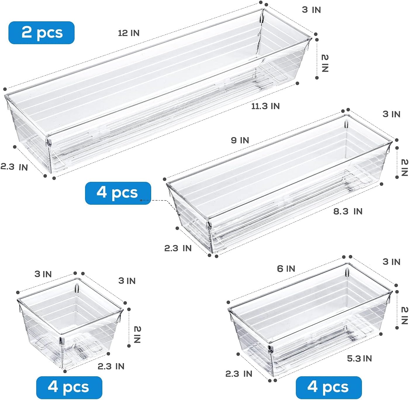 DCA 44 PCS Clear Drawer Organizers Set, 4 Size Versatile Bathroom and Vanity Organizer Trays, Cosmetic Display Cases for Makeup, Jewelries, Bedroom, Kitchen Utensils and Office