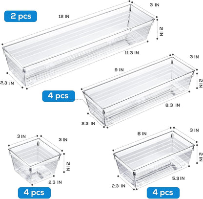 DCA 44 PCS Clear Drawer Organizers Set, 4 Size Versatile Bathroom and Vanity Organizer Trays, Cosmetic Display Cases for Makeup, Jewelries, Bedroom, Kitchen Utensils and Office