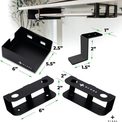 VI+AL Under Desk Laptop Mount - Hidden Metal Shelf with Side Storage, Hook & Cable Organizer - Installs with Tape & Screws - Fits Devices up to 1.7" Thick - Deluxe + LED (USB Light Strip & Remote)