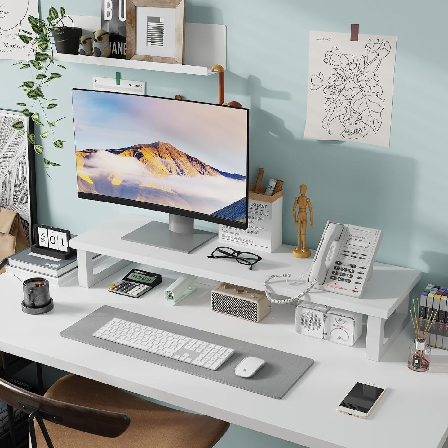 WESTREE Dual Monitor Stand Riser, Wood and Steel Multi-Purpose Desktop Storage Stand for 2 Monitors for Computer, Laptop, Printer, TV, Rustic Brown