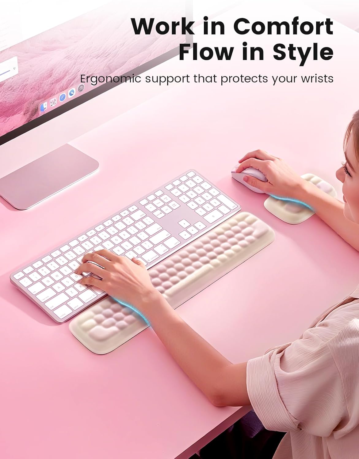 Meatanty Keyboard and Mouse Wrist Rest Set, Computer Wrist Pad Support, Ergonomic Keypad Hand Rest Combo, Memory Foam Typing Desk Accessory Carpal Tunnel Cushion, Laptop Office Home School Women Cute