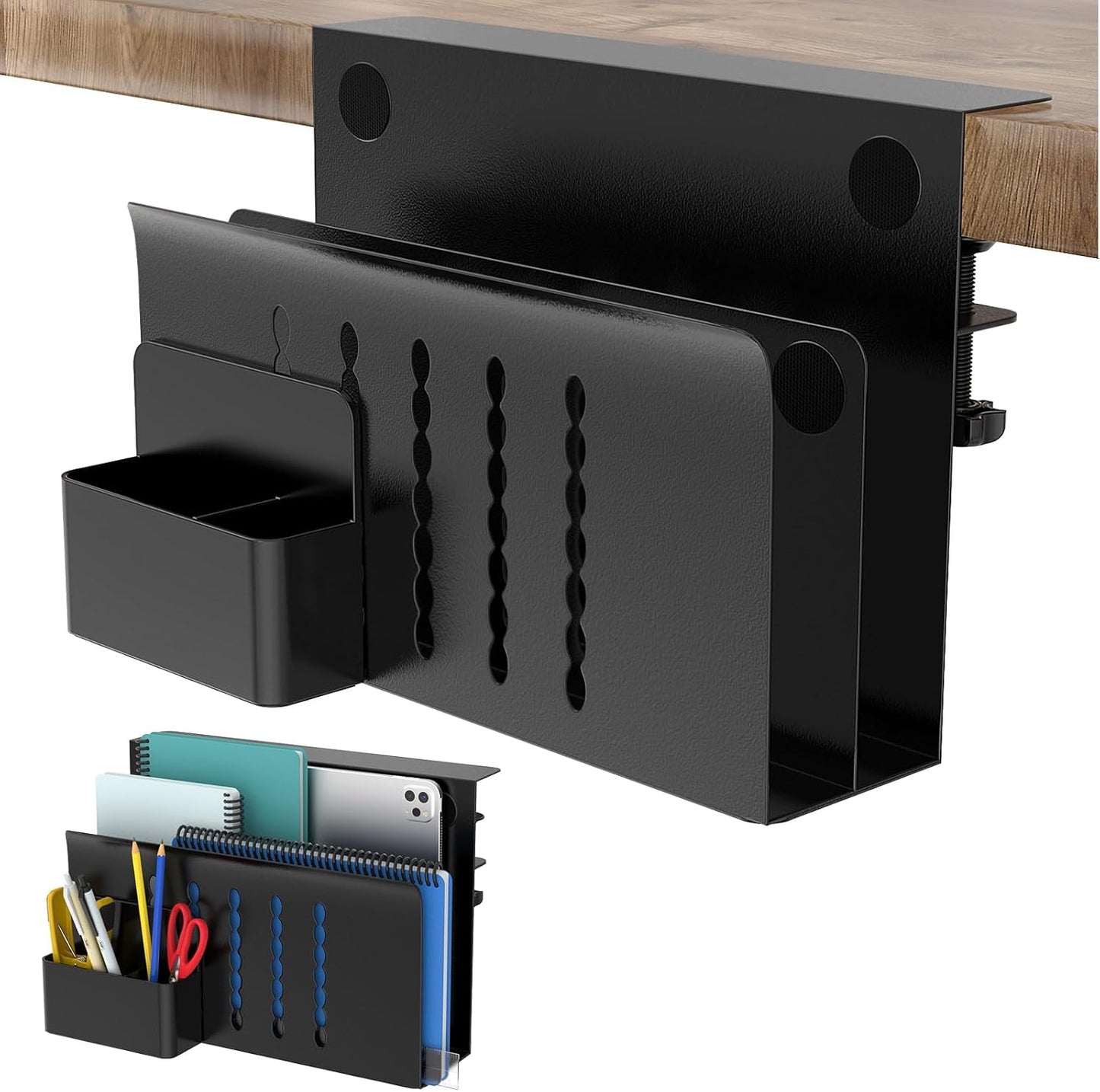 HAMOPY Desk Side Storage, Single-Layer Steel Hanging Desk Organizer with Magnetic Pen Holder, No Drilling Desk Drawer Cable Management Tray, Under Desk Laptop Holder for Office, School&Home(White)