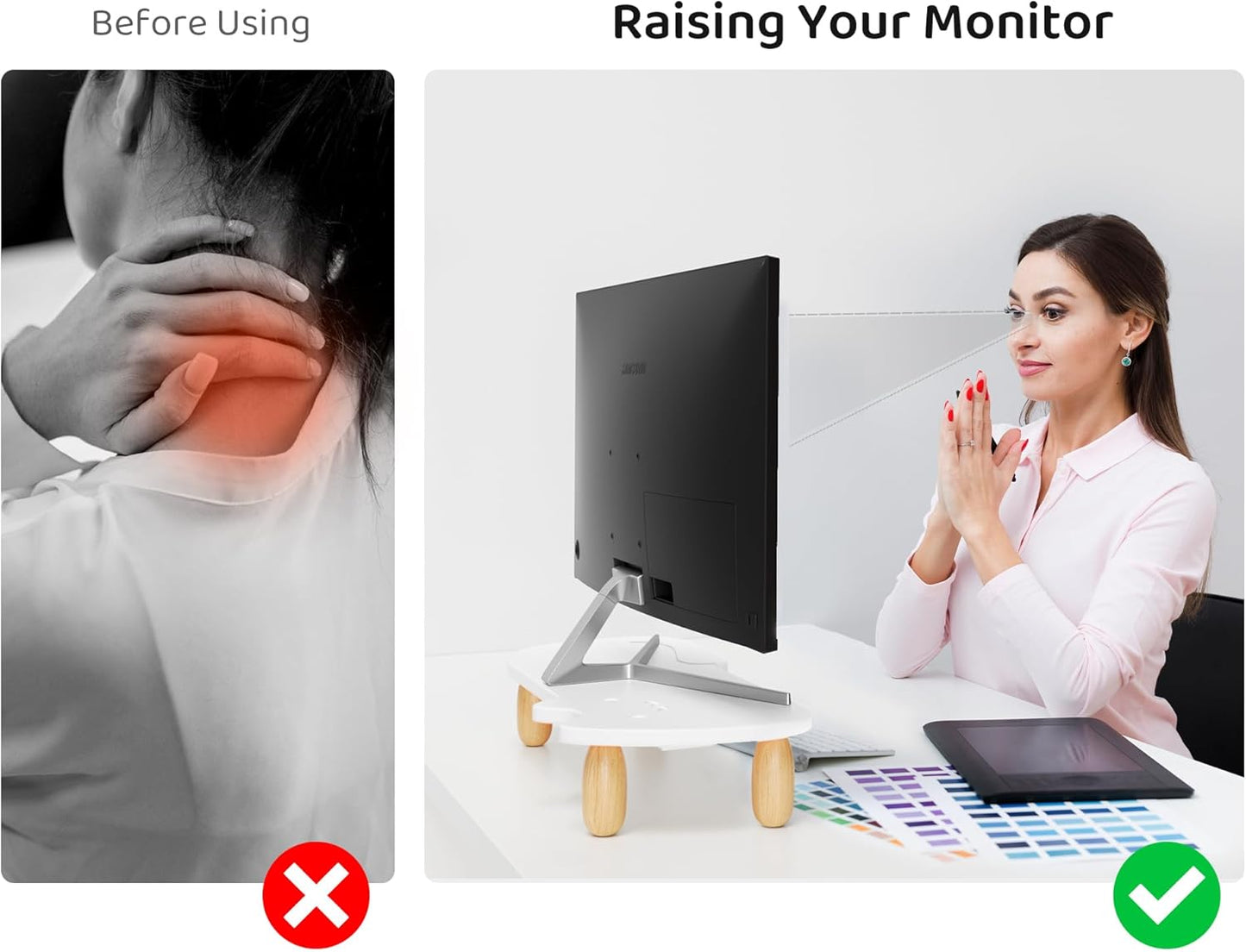 AFOOYO Monitor Stand Riser, Cookie-Shaped Sturdy Wood Computer Monitor Stand for Desk, Ergonomic Desk Stand, Multi-Purpose Desktop Organizer Riser for Computer, Laptop, Printer, TV,White