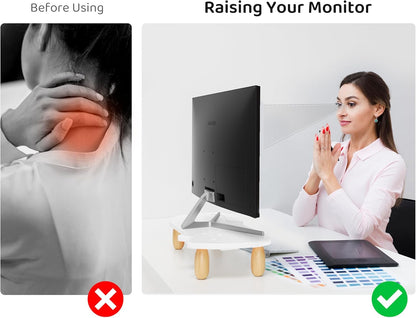 AFOOYO Monitor Stand Riser, Cookie-Shaped Sturdy Wood Computer Monitor Stand for Desk, Ergonomic Desk Stand, Multi-Purpose Desktop Organizer Riser for Computer, Laptop, Printer, TV,White