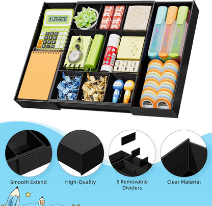Marbrasse Expandable Desk Drawer Organizer, Clear Plastic Drawer Organizer Tray with 10 Adjustable Compartments, Desk Organizers and Accessories, 5 Drawer Dividers for Office Supplies, Makeup(Black)