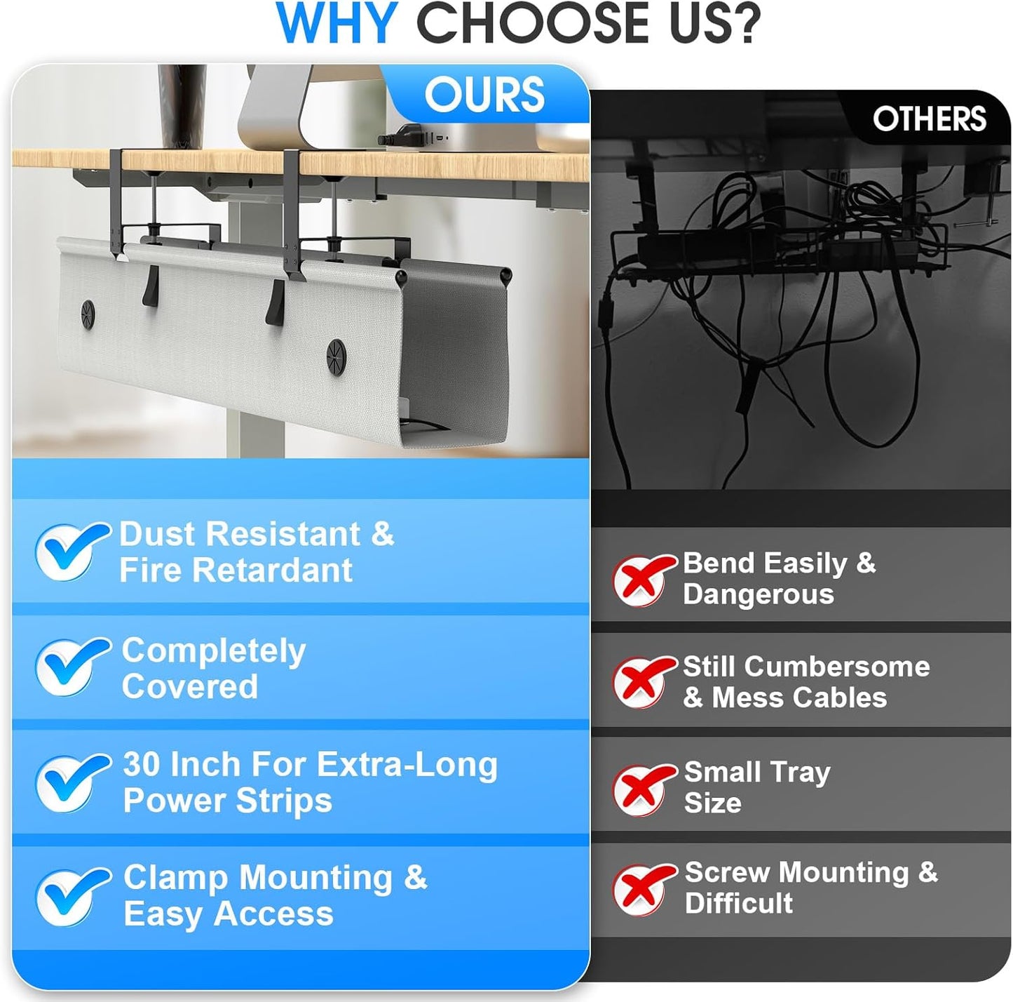Under Desk Cable Management Tray, 40-inch No-Drill Cord Organizer with Anti-Sag Reinforced Base, Fabric Wire Management Hider for Standing Desk, Office & Gaming Accessories - Black