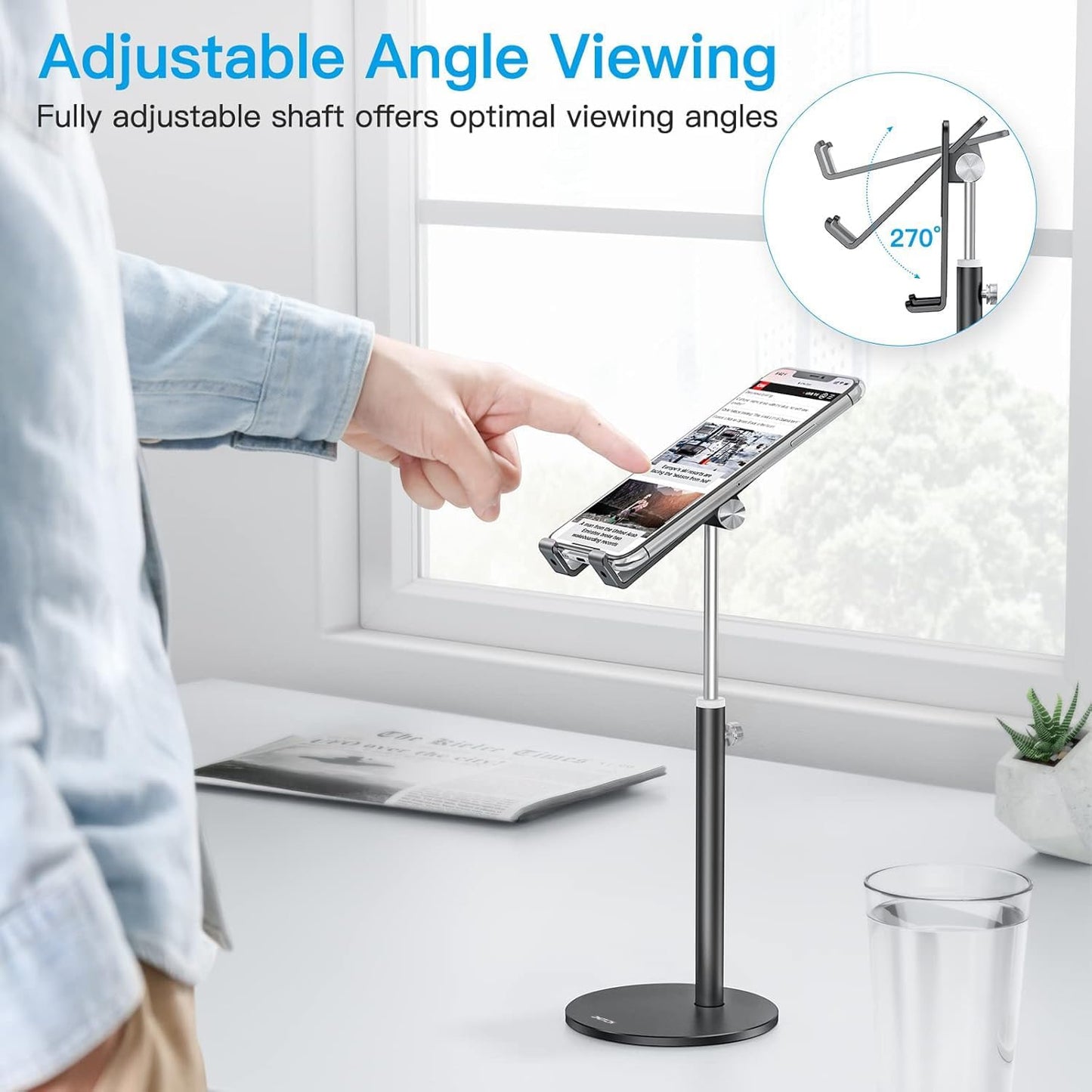 OMOTON Cell Phone Stand, Angle Height Adjustable Phone Holder, Aluminum Desktop Phone Dock for Desk, Compatible with iPhone 17 Pro Max, All Smartphones and Tablets(4-11''), Silver