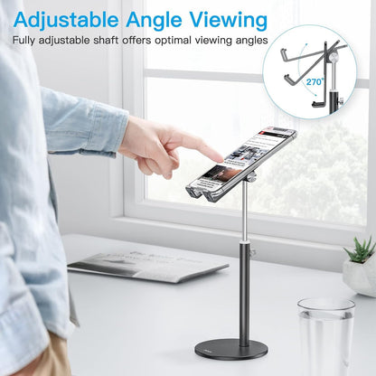 OMOTON Cell Phone Stand, Angle Height Adjustable Phone Holder, Aluminum Desktop Phone Dock for Desk, Compatible with iPhone 17 Pro Max, All Smartphones and Tablets(4-11''), Silver
