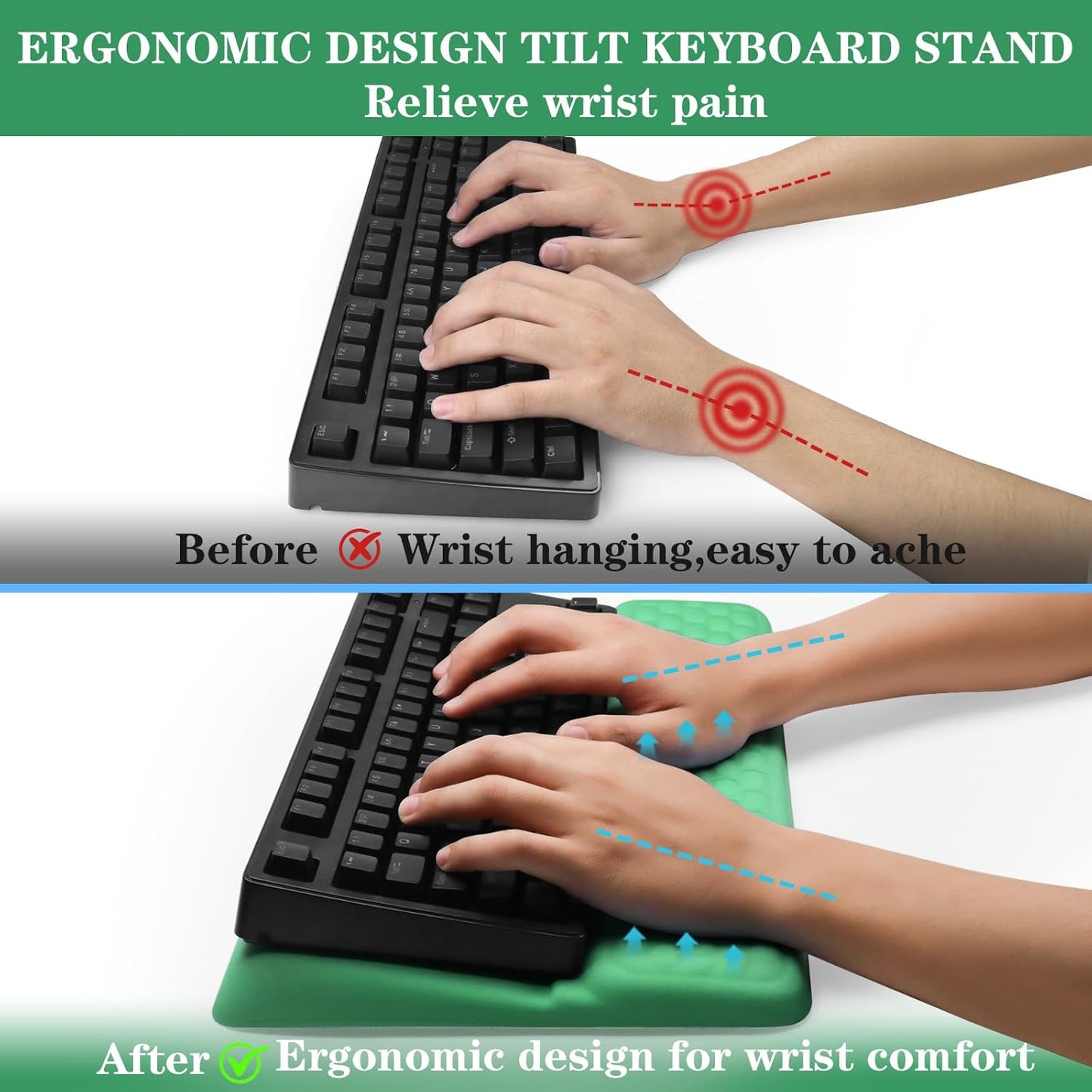 Computer Keyboard Stand Pad with Wrist Rest, Ergonomic Comfy Tilted Keyboard Stand Riser Holder Pad for Office Home (Black)