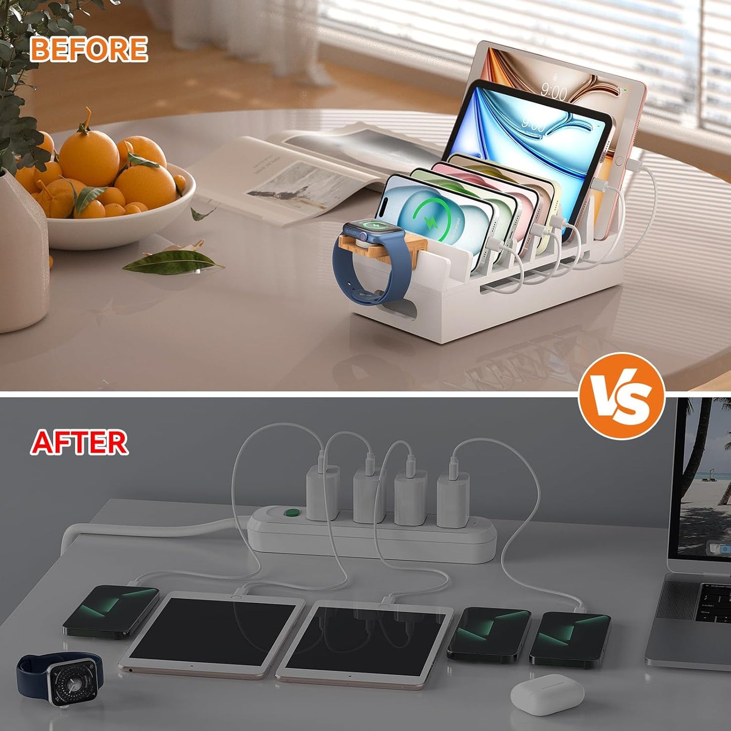 Pezin & Hulin Bamboo Charging Station with Watch Stand, Docking Holder for Multi Device with 5 Port USB Charger HUB, 5 Charge Cables, Desktop Electronic Organizer for Cellphone, Tablet, Watch
