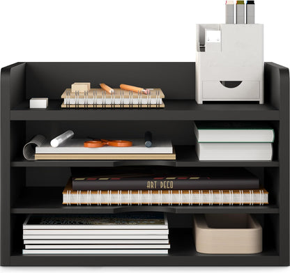 Ballucci File Organizer, 2-Tier Document Paper Sorter, Stackable Wood Desk Organizer Mail Holder, Monitor Stand with Storage Shelves, White