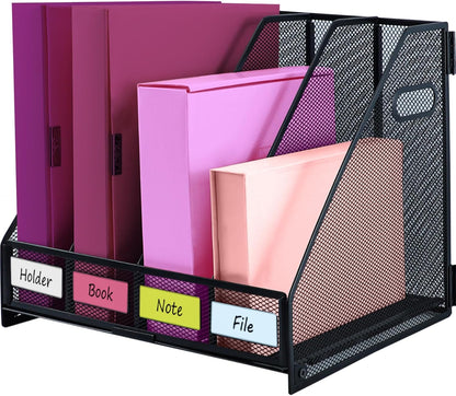 Desk Organizers, Metal Magazine File Holder with 5 Vertical Compartments Rack Binder File Organizer for Office Supplies, Home Workspace - Black