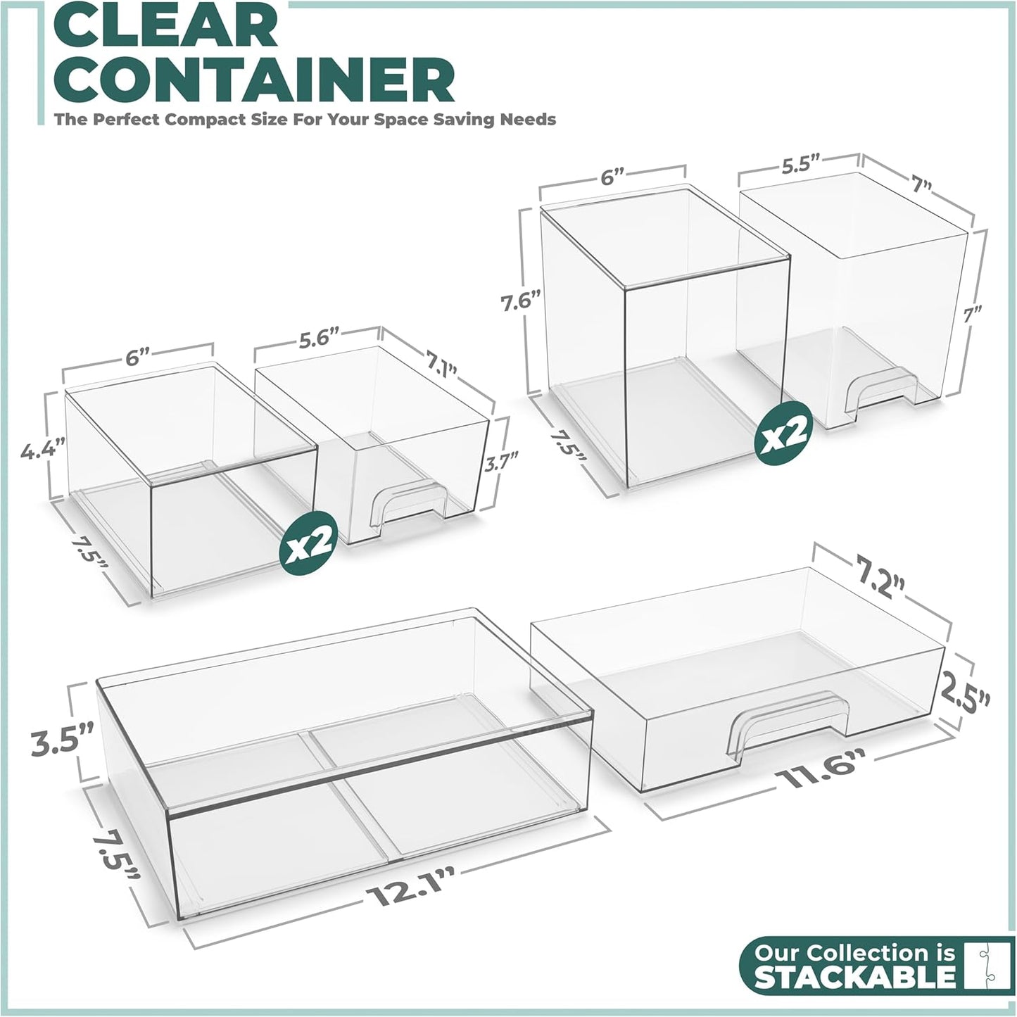 Sorbus Acrylic Storage Containers - 2 Pack, Stackable Storage Bins Set for Bathroom Organization - Clear Acrylic Drawer Organizers - Makeup Case Pull-Out Drawers (7.6’’ Tall)