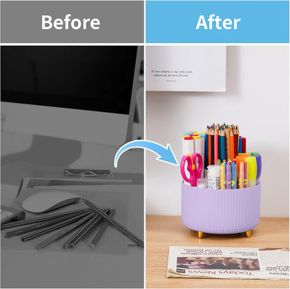 Marbrasse Desk Organizer, 360-Degree Rotating Pen Holder, Desk Organizers and Accessories with 5 Compartments Pencil Holder, Art Supply Storage Box Caddy for Office, Home（White）