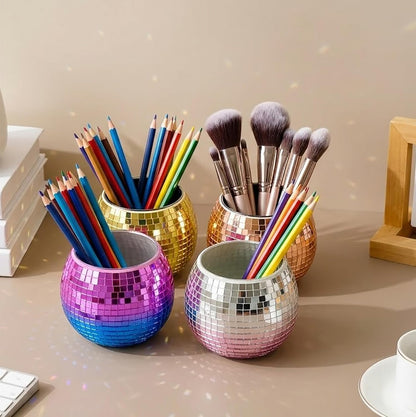 Glass Disco Ball Pen Holder with Smooth Grouting - Premium Mirror Mosaic Pencil Cup for Desk, Cute Makeup Brush Holder, Aesthetic Room Decor Gift (Iridiscente)