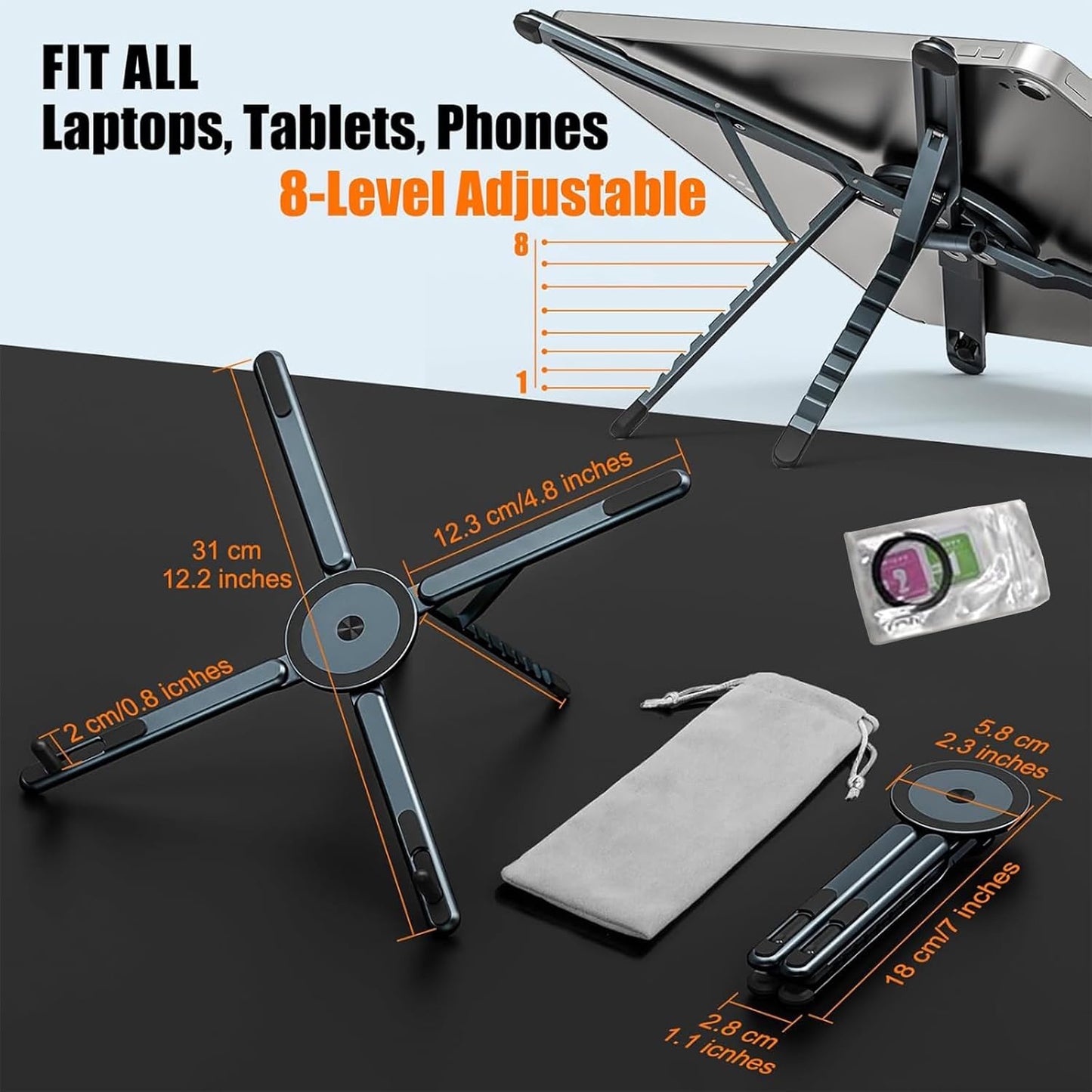 Laptop Stand for Desk, Adjustable Aluminum Alloy Magnetic Foldable Phone Stand, 8 Level Height Adjustable Laptop Stand, 3 in 1 Computer Riser for Phone, Tablet and Laptop