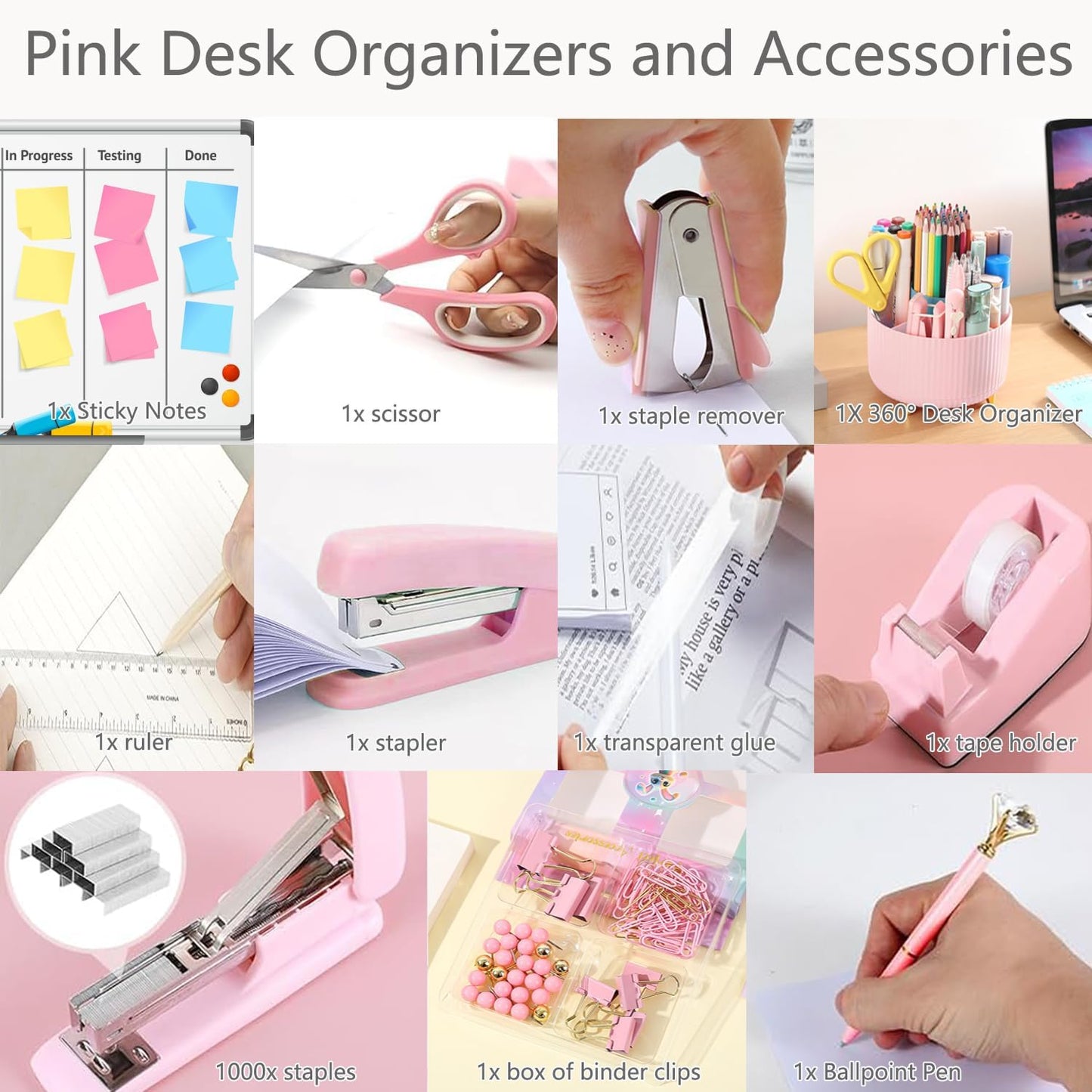 suniya Office Supplies,Gold Desk Accessories,with Stapler,Tape Dispenser,Pen Holder,Scissors,Phone Stand,Staple Remover,Ballpoint Pen,Clear Tape, Staples,Ruler,Clips,Best Gift for Business or Boss