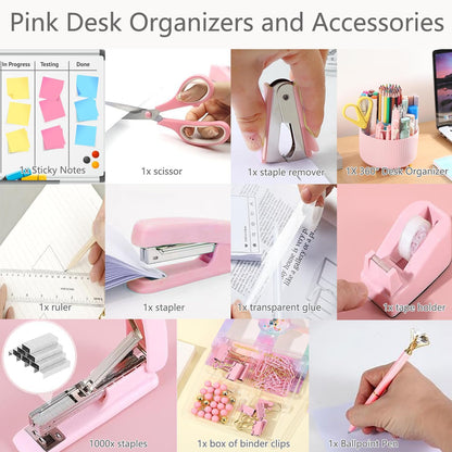 suniya Office Supplies,Gold Desk Accessories,with Stapler,Tape Dispenser,Pen Holder,Scissors,Phone Stand,Staple Remover,Ballpoint Pen,Clear Tape, Staples,Ruler,Clips,Best Gift for Business or Boss