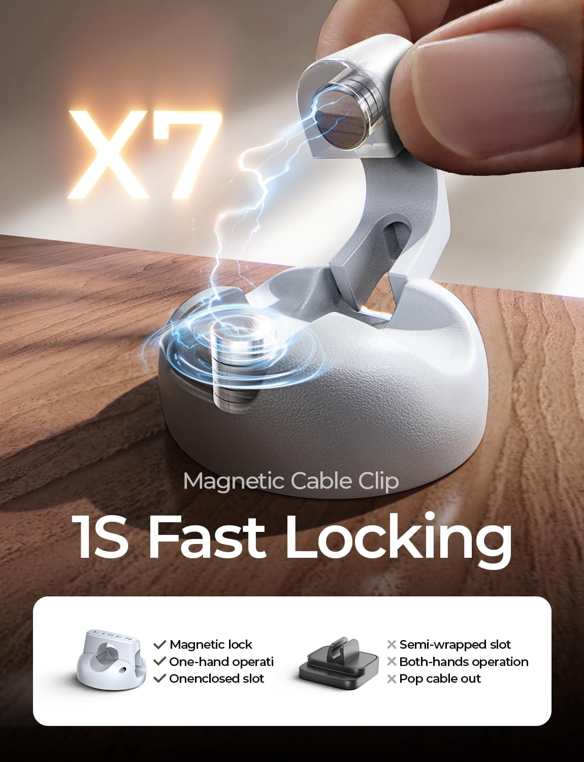 LISEN Magnetic Charging Cord Holder 8-Pack Charging Cord Organizer [1S Click-in], Easy Open Cable Holder with Strong Adhesive, Cable Management Clips Neatly for Nightstand, Desk, Home, Office, Car