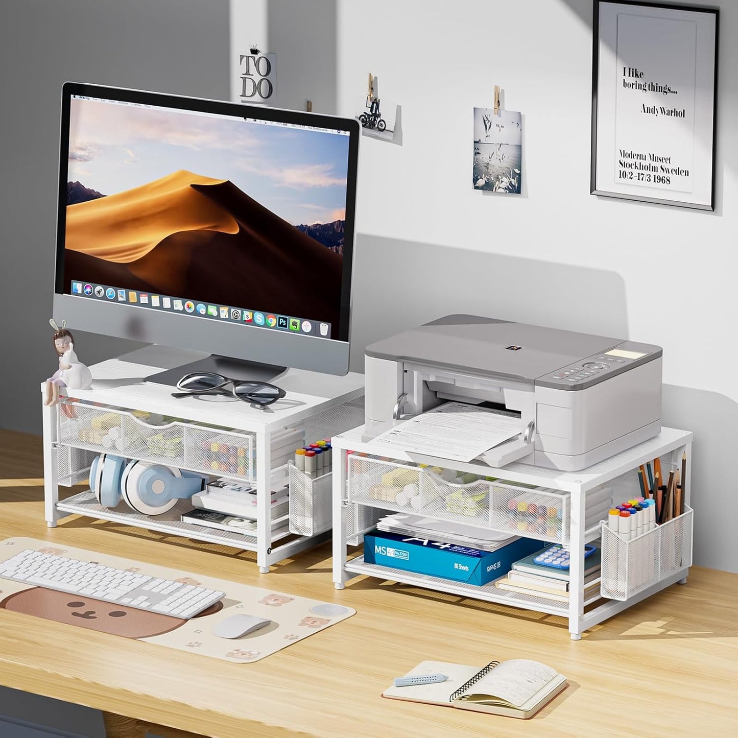 Marbrasse Metal Printer Stand for Desk with Storage Drawer and 2 Pen Holders, 2-Tier Desktop Organizer Printer Table for Home Office, Multi-Purpose Desk Organizer for Fax Machine Scanner Files(Black)