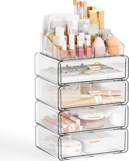 Yieach Clear Acrylic Makeup Organizers Countertop for Dresser,Desk,Bathroom Vanity,3 Tier Stackable Make up Holders and Makeup Cabinet,Tiered Cosmetic Storage and Make up Containers for Palette,Brush