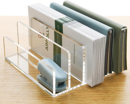 3 Compartments Clear Acrylic Mail Holder – Vertical Letter Sorter & Multifunction Desk Organizer for Bills, Documents, Notebooks – Modern Office/Home Envelope File Rack