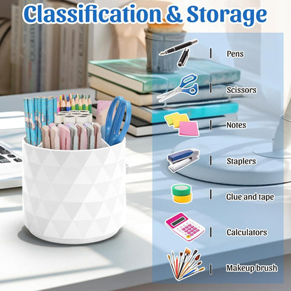 minimaliving Desk Organizer,Sparkling Diamond-like Pen Holder for Desk 360°Rotating Office Accessories,Pencil Cup with 5 Compartments Storage Box Caddy for Office,School,Home,Art Supply(White)