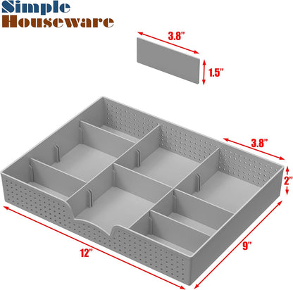 Simple Houseware Drawer Organizer Tray with 9 Adjustable Compartments, Clear