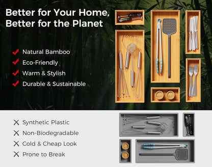 Bamboo Kitchen Drawer Organizer Set of 2, Stackable 15" x 6" Wood Silverware Utensil Tray for Drawers Bins, Cutlery & Flatware Storage – Wooden Boxes Organizers for Junk Drawer, Bathroom, RV